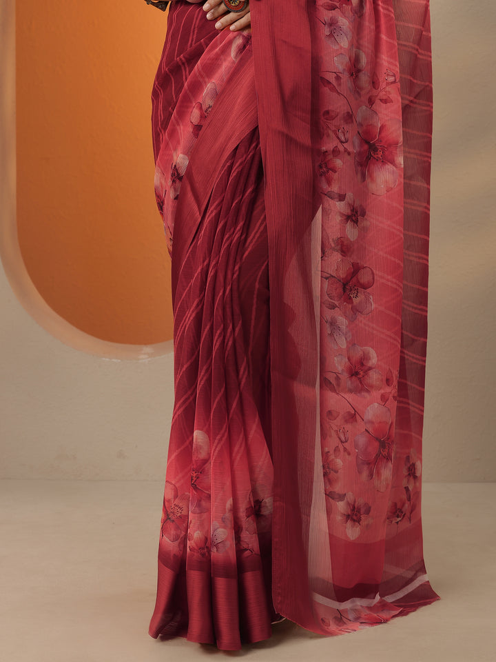 Red Leheriya Printed Chinon Saree With Unstitched Blouse Piece