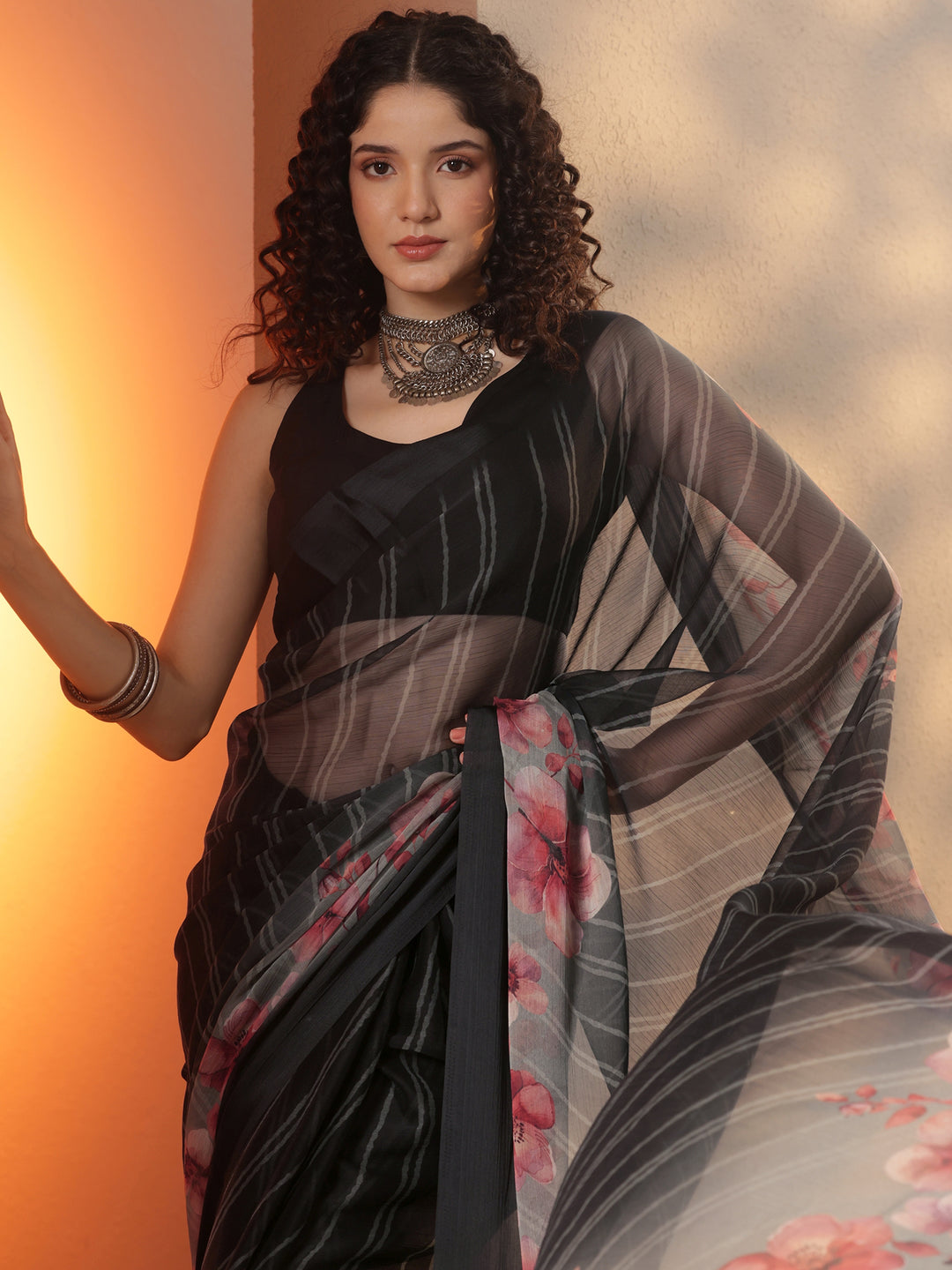 Black Leheriya Printed Chinon Saree With Unstitched Blouse Piece