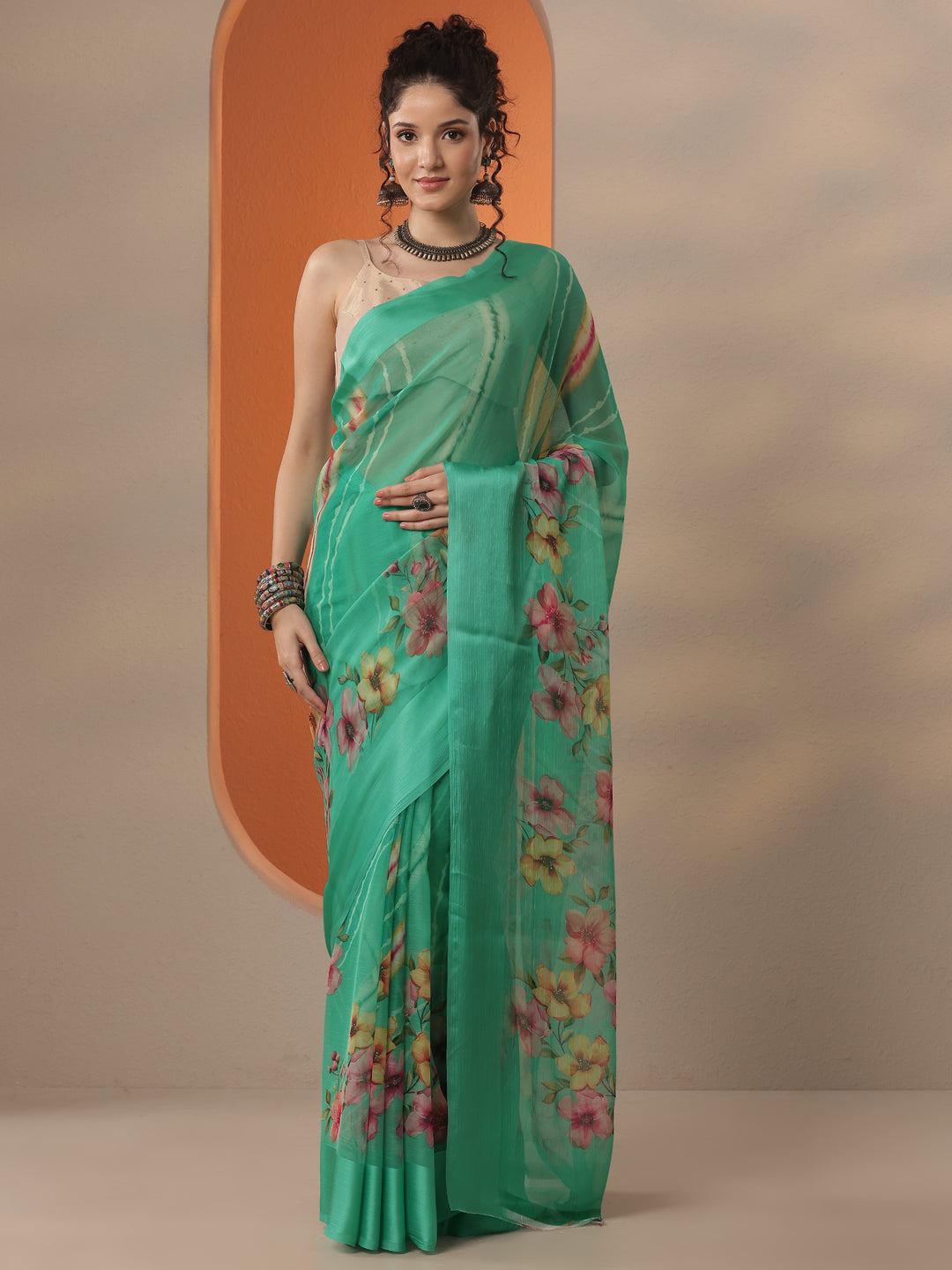 Green Leheriya Printed Chinon Saree With Unstitched Blouse Piece