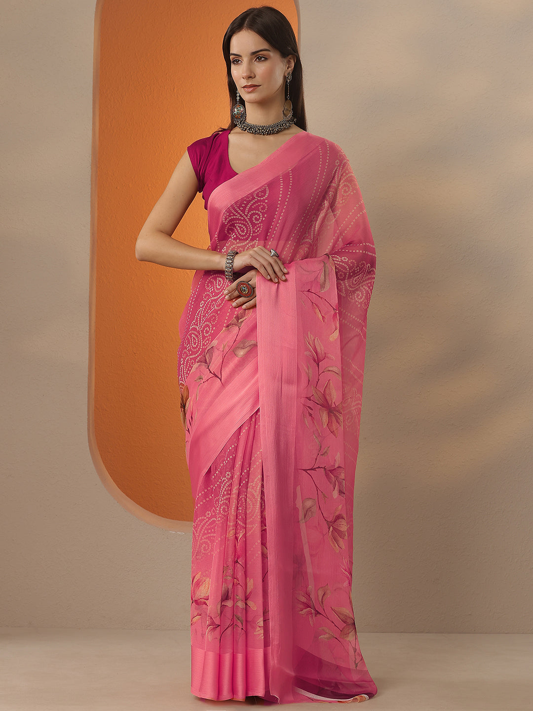 Pink Bandhani Printed Chinon Saree With Unstitched Blouse Piece