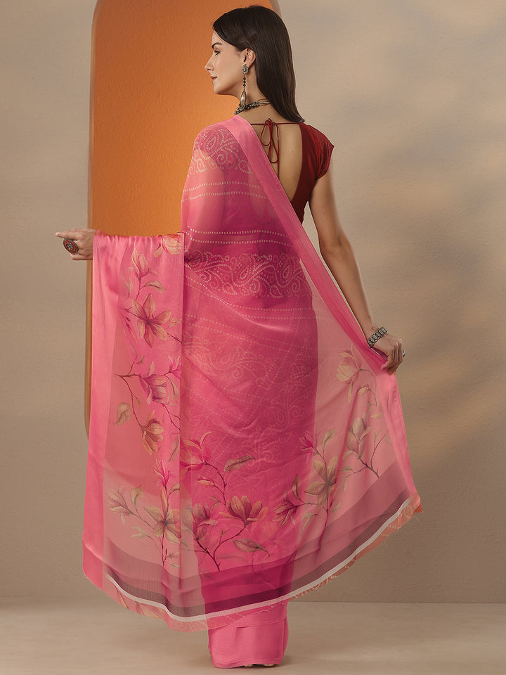 Pink Bandhani Printed Chinon Saree With Unstitched Blouse Piece