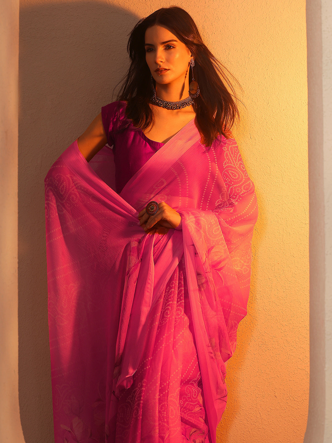 Pink Bandhani Printed Chinon Saree With Unstitched Blouse Piece