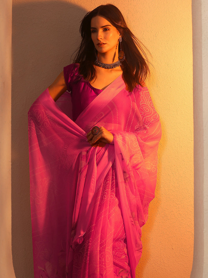 Pink Bandhani Printed Chinon Saree With Unstitched Blouse Piece