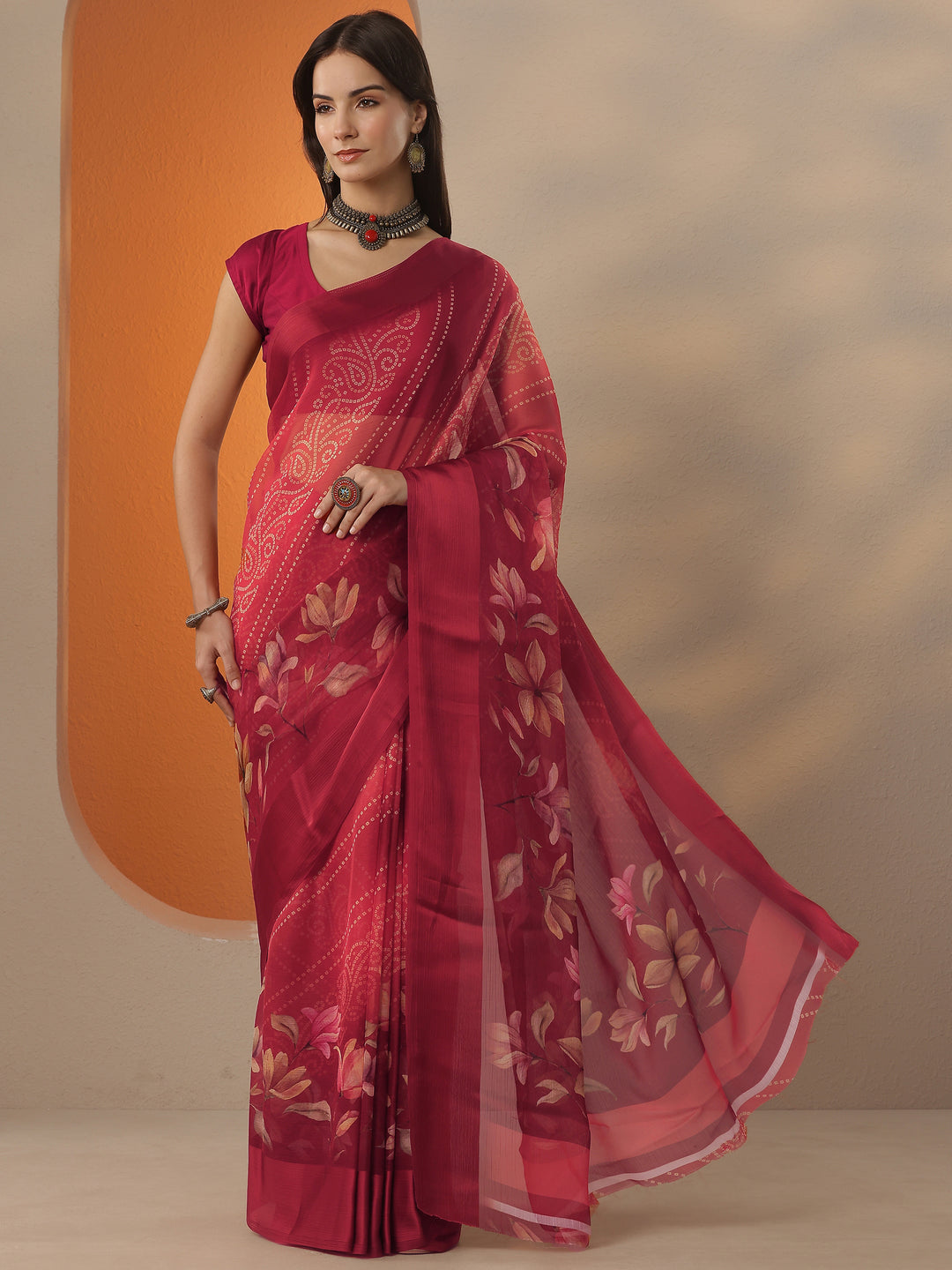 Orange Bandhani Printed Chinon Saree With Unstitched Blouse Piece