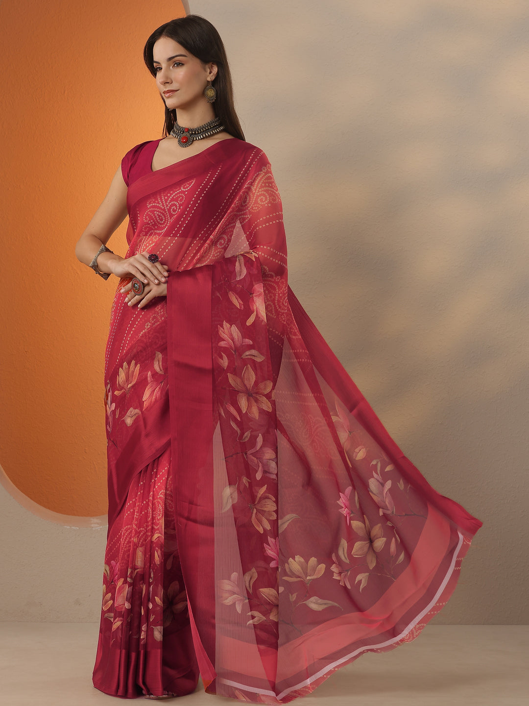 Orange Bandhani Printed Chinon Saree With Unstitched Blouse Piece