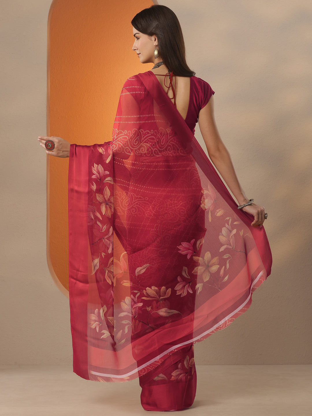 Orange Bandhani Printed Chinon Saree With Unstitched Blouse Piece