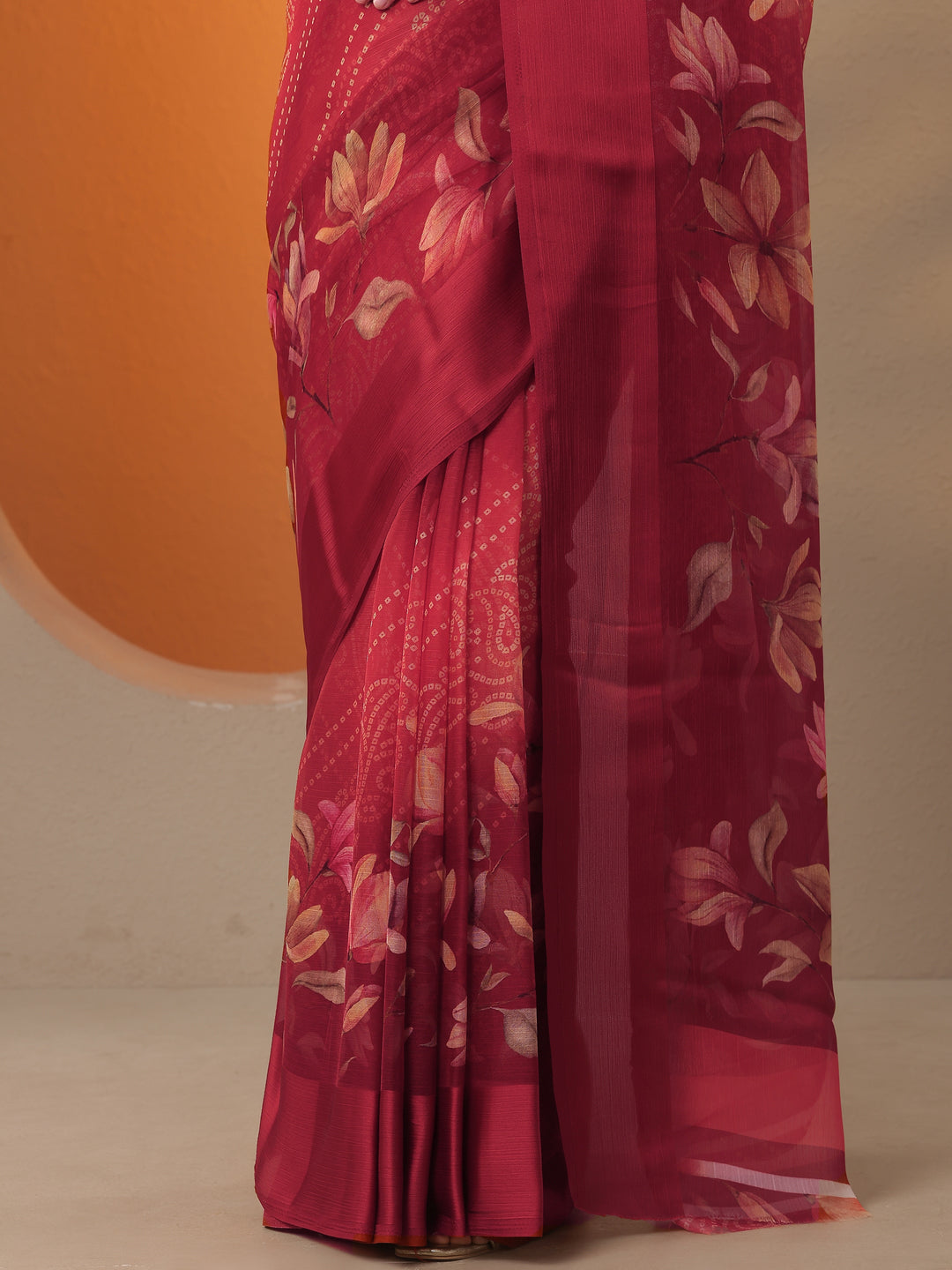Orange Bandhani Printed Chinon Saree With Unstitched Blouse Piece