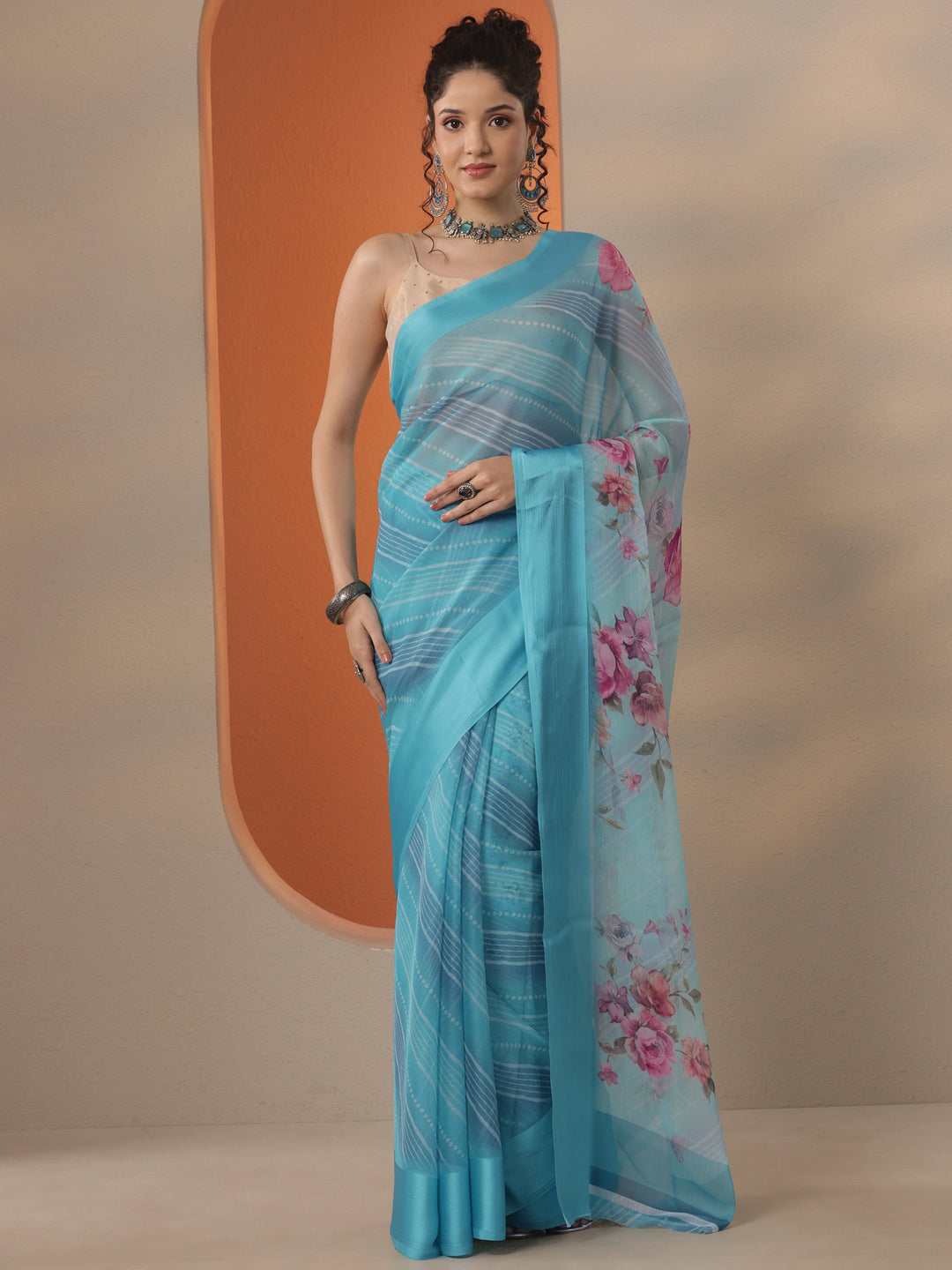 Blue Bandhani Printed Chinon Saree With Unstitched Blouse Piece
