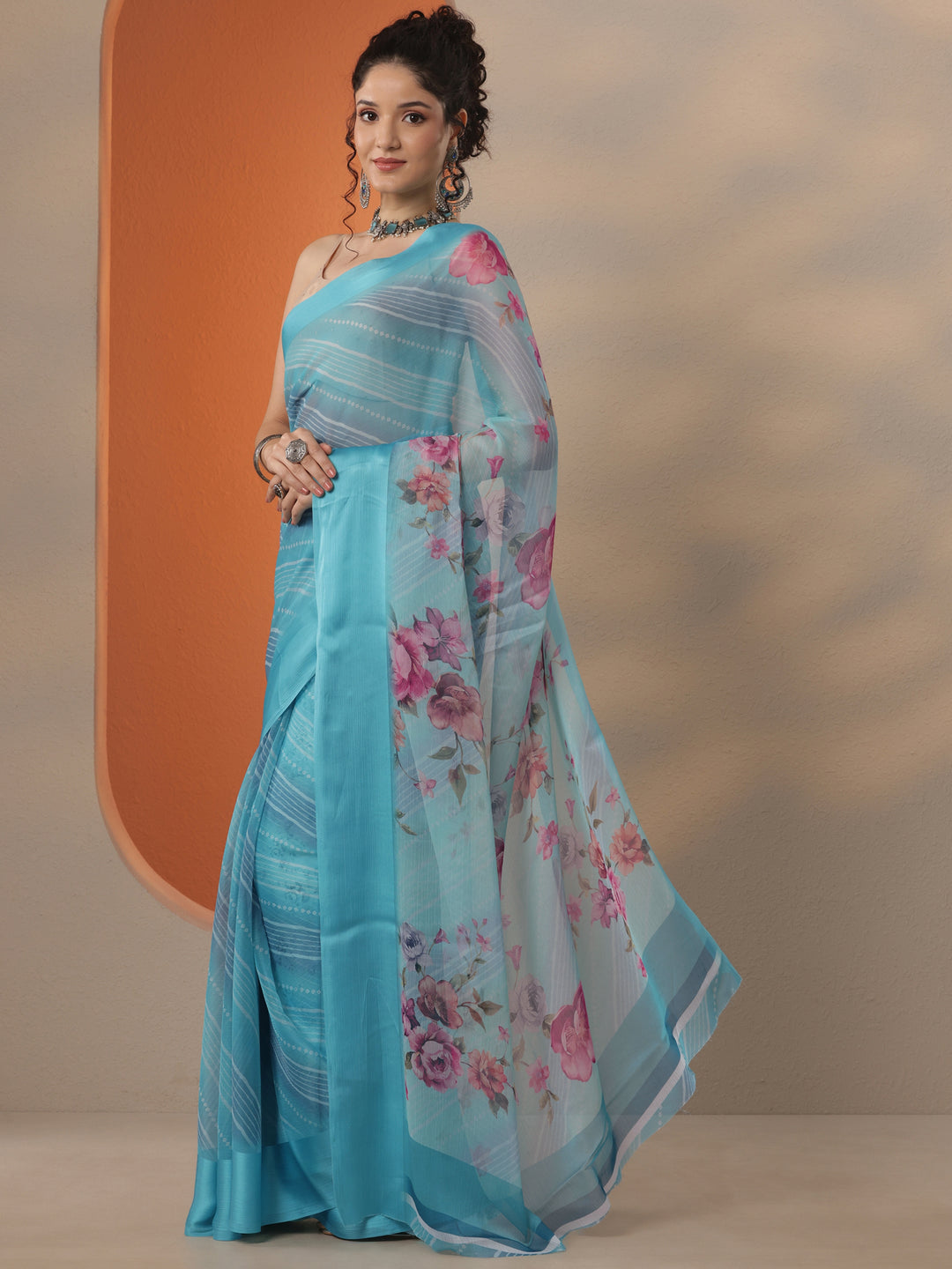 Blue Bandhani Printed Chinon Saree With Unstitched Blouse Piece