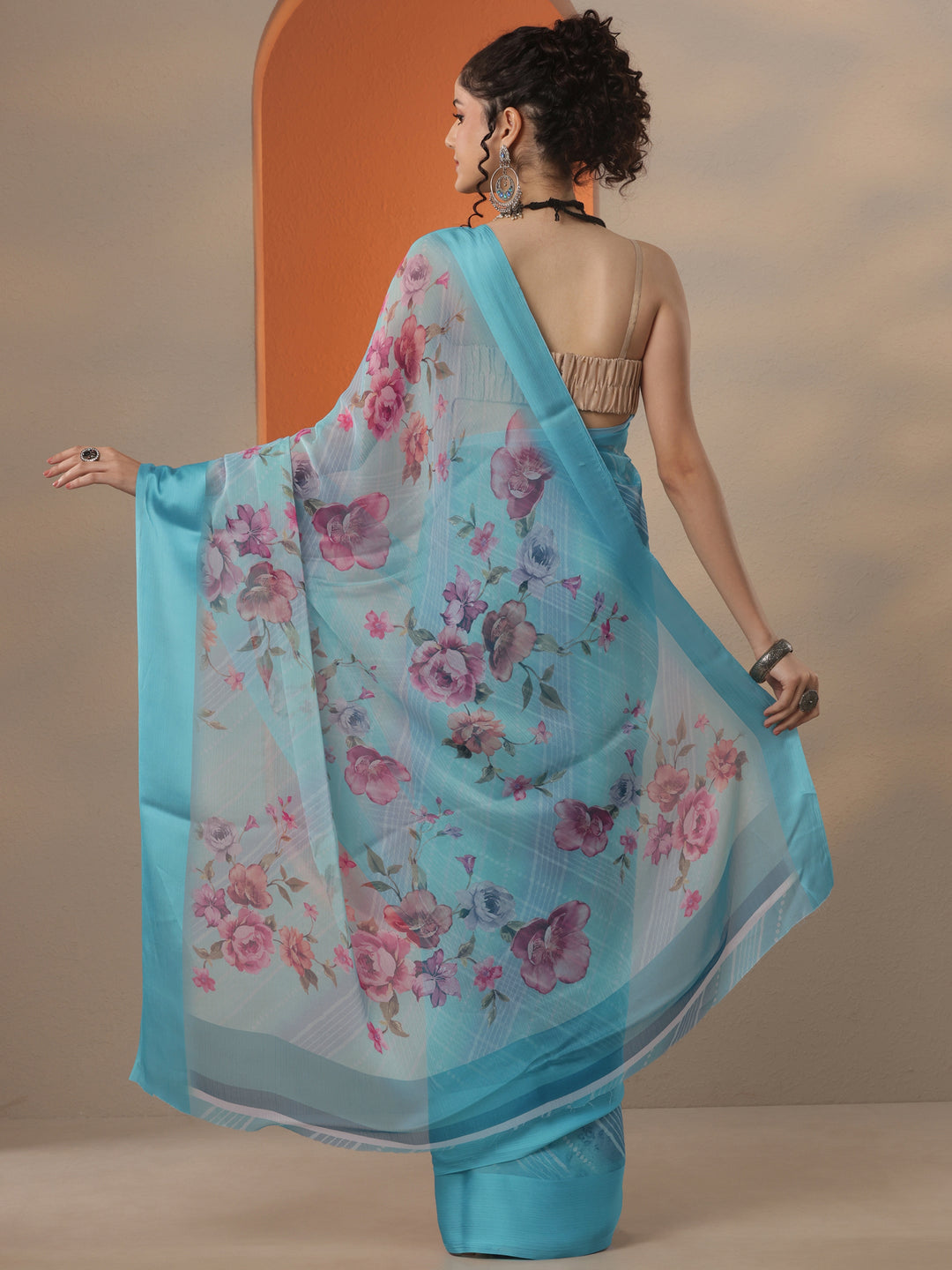 Blue Bandhani Printed Chinon Saree With Unstitched Blouse Piece