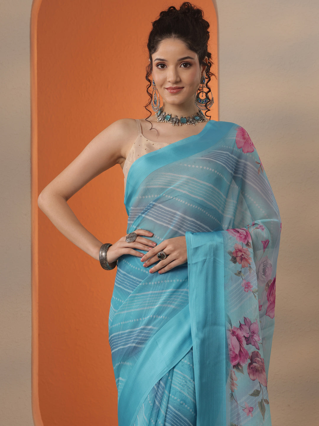 Blue Bandhani Printed Chinon Saree With Unstitched Blouse Piece
