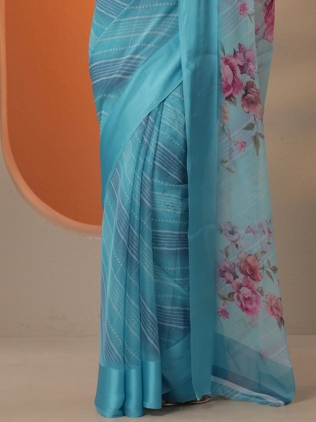 Blue Bandhani Printed Chinon Saree With Unstitched Blouse Piece