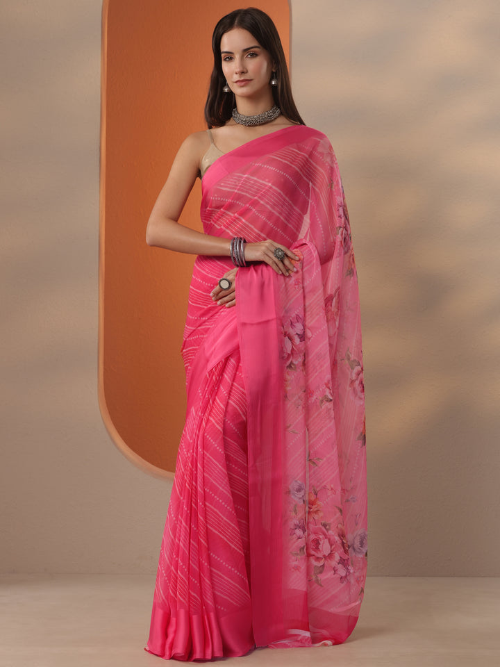 Pink Bandhani Printed Chinon Saree With Unstitched Blouse Piece
