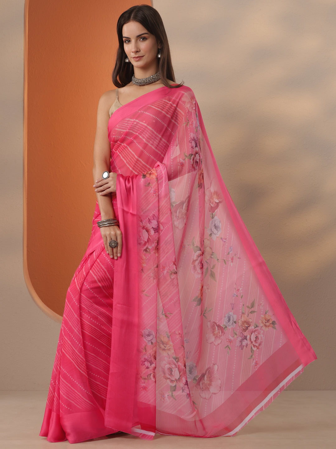 Pink Bandhani Printed Chinon Saree With Unstitched Blouse Piece