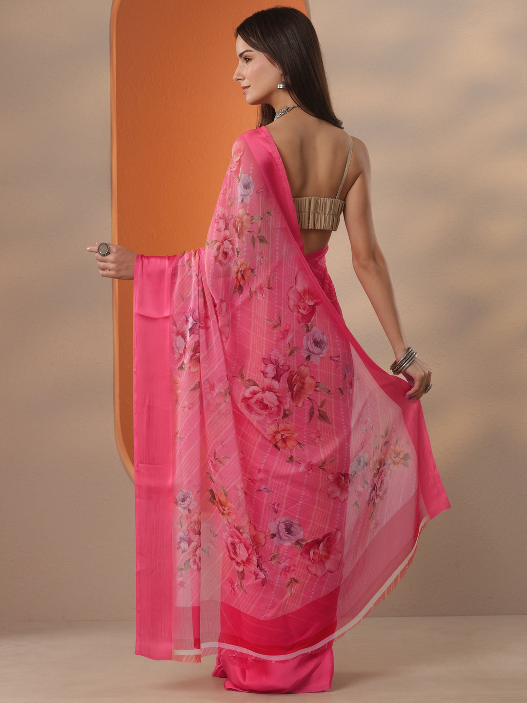 Pink Bandhani Printed Chinon Saree With Unstitched Blouse Piece