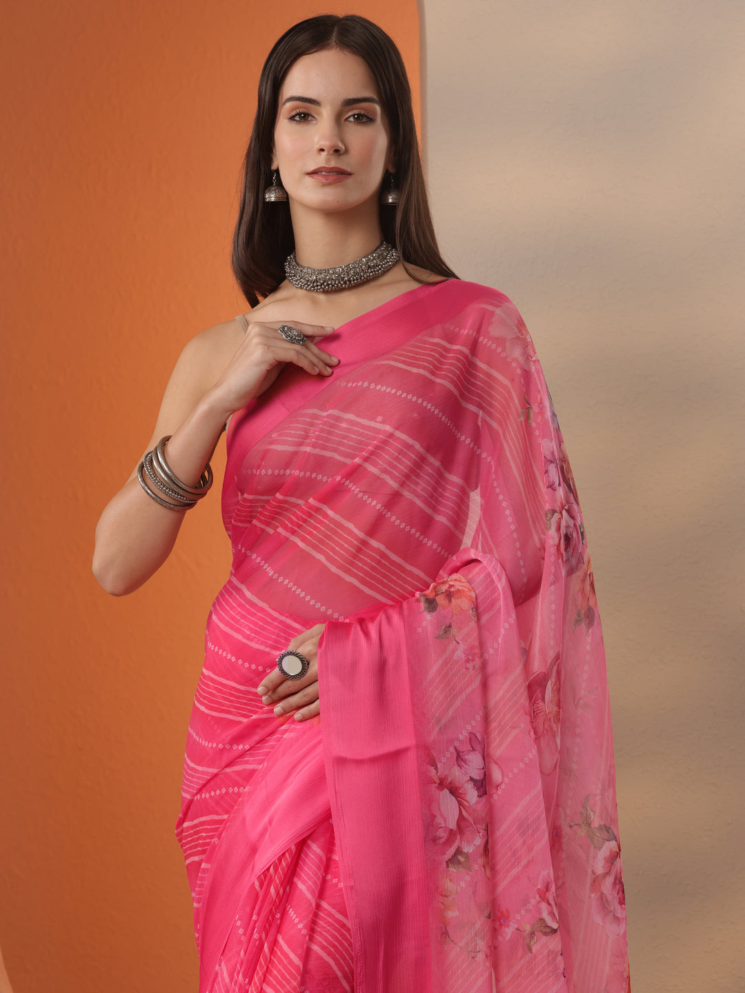 Pink Bandhani Printed Chinon Saree With Unstitched Blouse Piece