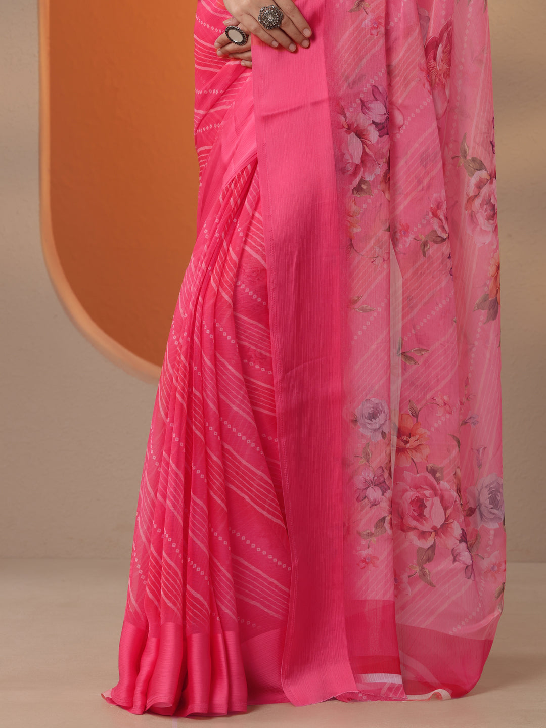 Pink Bandhani Printed Chinon Saree With Unstitched Blouse Piece