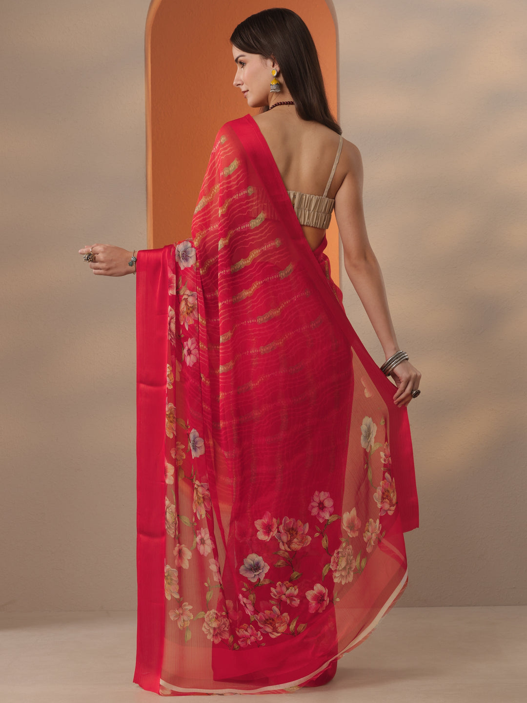 Red Bandhani Printed Chinon Saree With Unstitched Blouse Piece