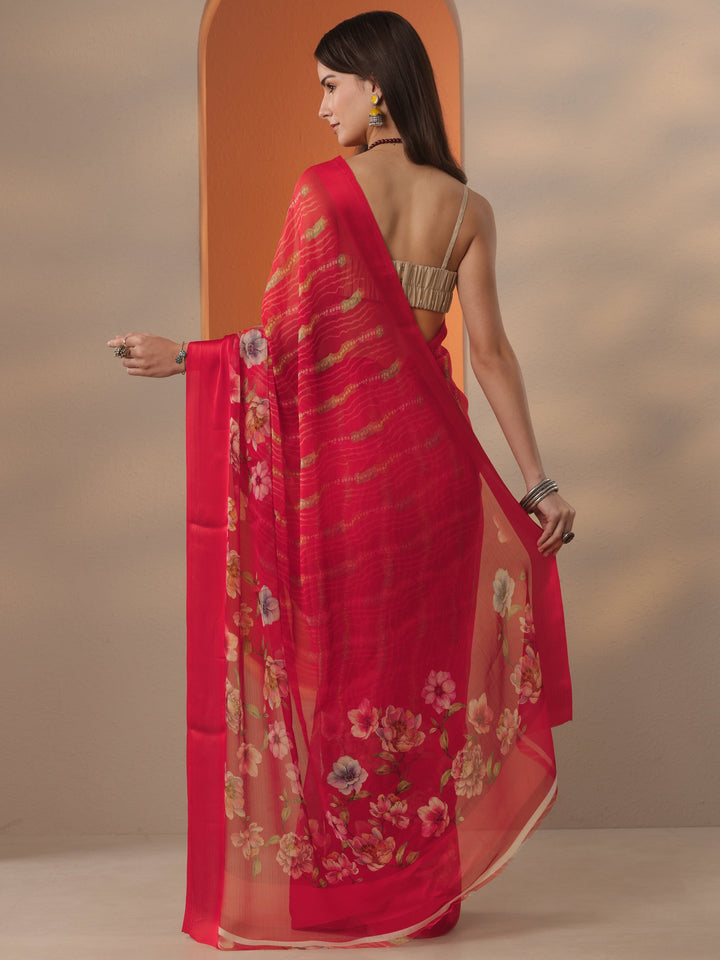 Red Bandhani Printed Chinon Saree With Unstitched Blouse Piece