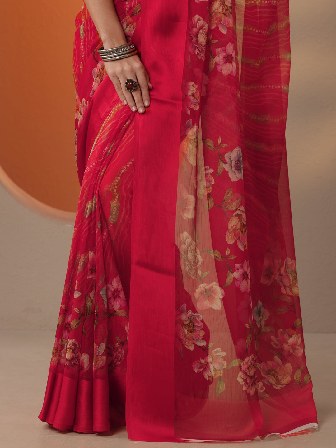 Red Bandhani Printed Chinon Saree With Unstitched Blouse Piece