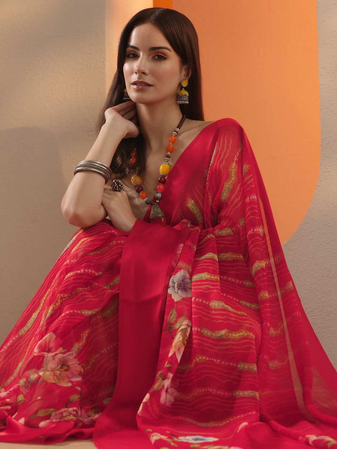 Red Bandhani Printed Chinon Saree With Unstitched Blouse Piece