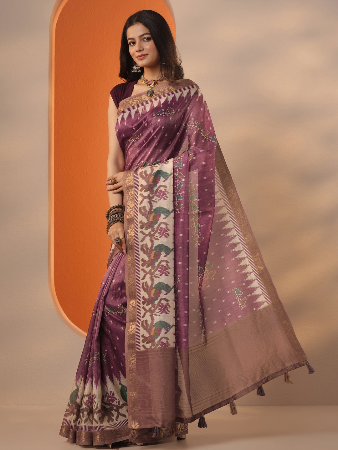 Burgundy Printed Chinon Saree With Unstitched Blouse Piece