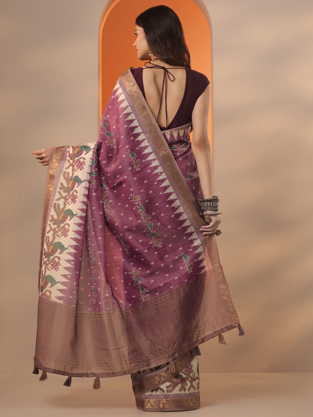 Burgundy Printed Chinon Saree With Unstitched Blouse Piece