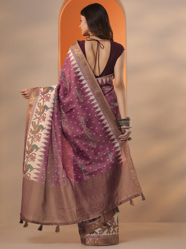 Burgundy Printed Chinon Saree With Unstitched Blouse Piece