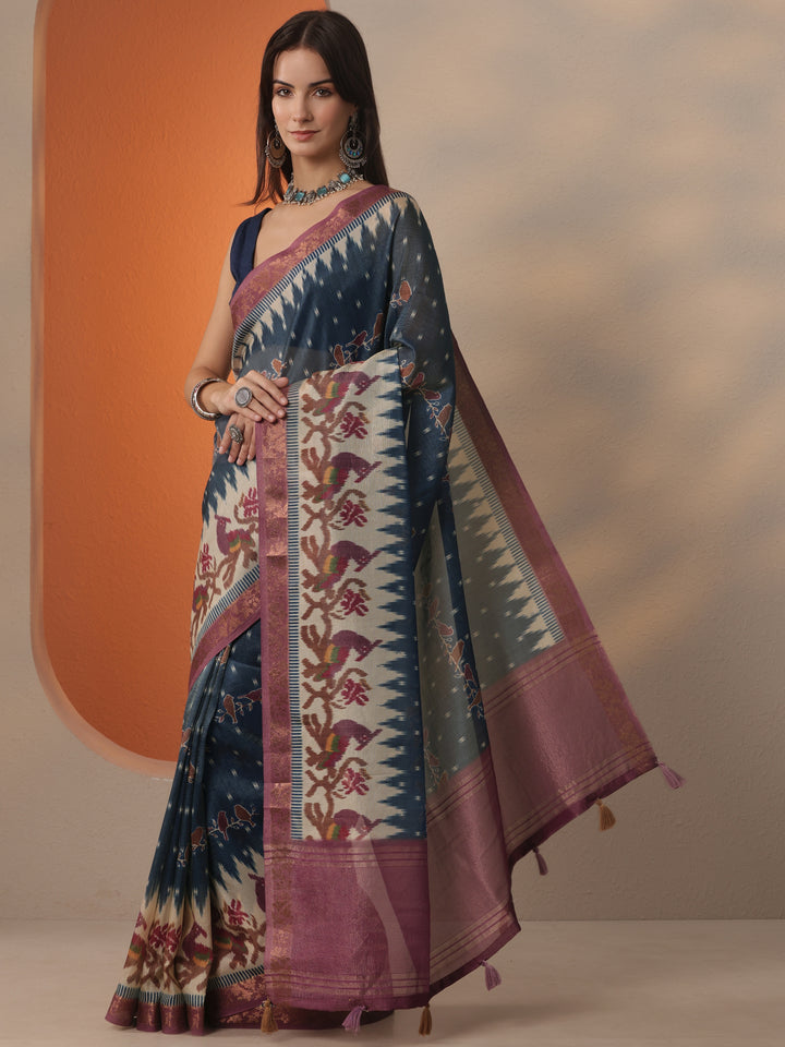 Blue Printed Chinon Saree With Unstitched Blouse Piece