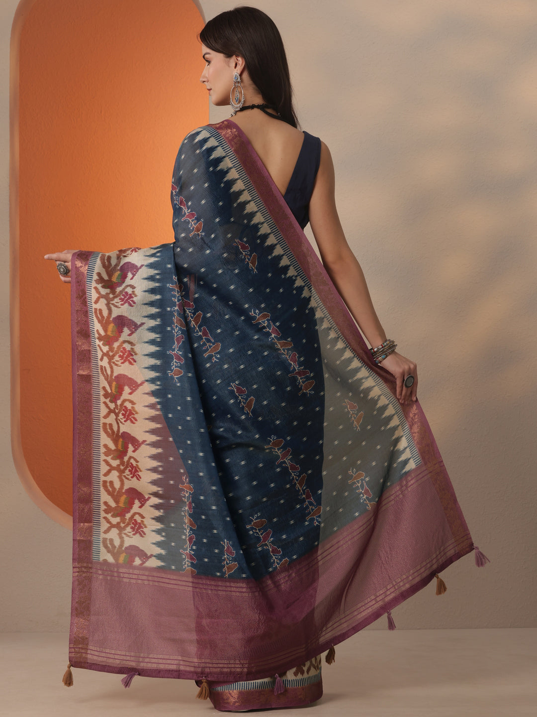 Blue Printed Chinon Saree With Unstitched Blouse Piece