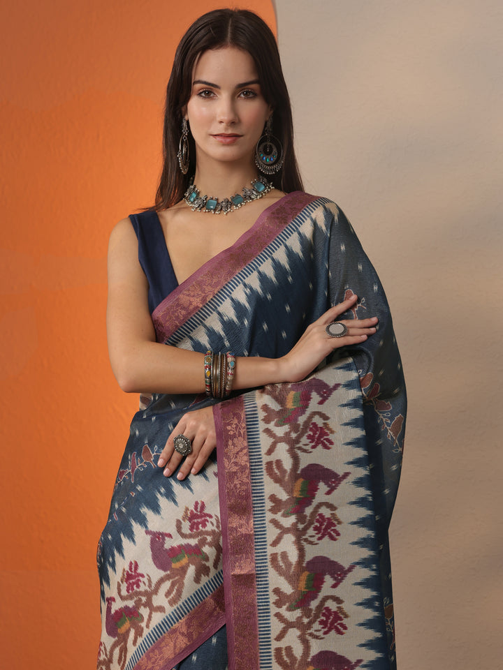Blue Printed Chinon Saree With Unstitched Blouse Piece