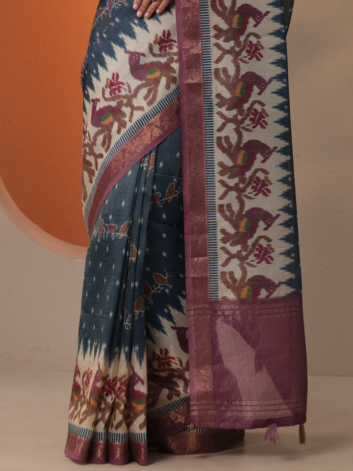 Blue Printed Chinon Saree With Unstitched Blouse Piece