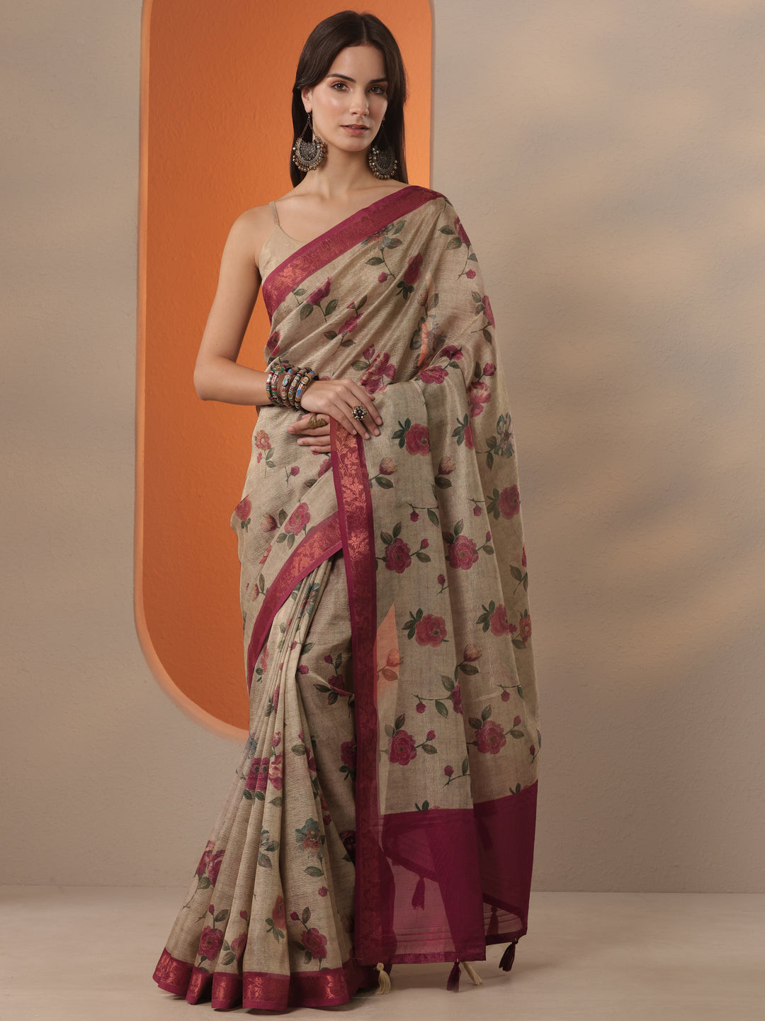 Gold Printed Chinon Saree With Unstitched Blouse Piece