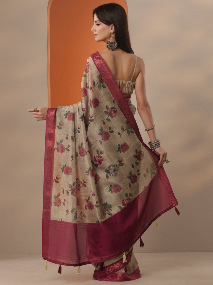 Gold Printed Chinon Saree With Unstitched Blouse Piece