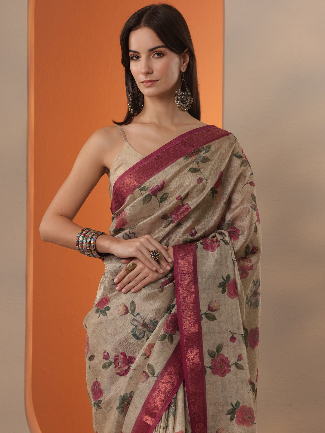 Gold Printed Chinon Saree With Unstitched Blouse Piece