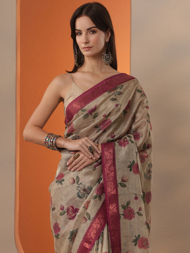 Gold Printed Chinon Saree With Unstitched Blouse Piece