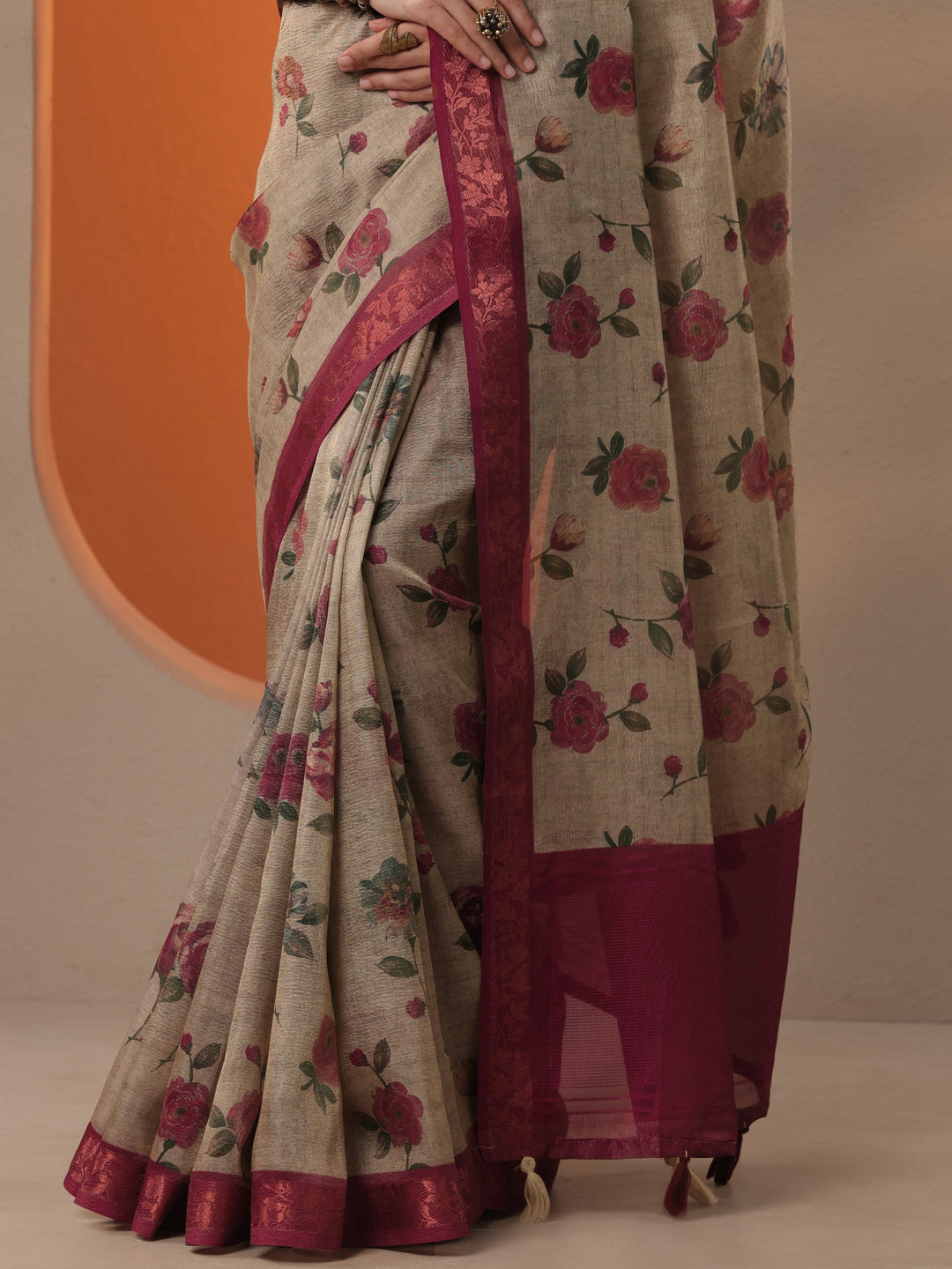 Gold Printed Chinon Saree With Unstitched Blouse Piece