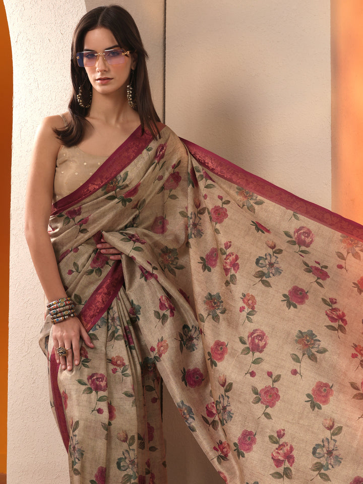 Gold Printed Chinon Saree With Unstitched Blouse Piece