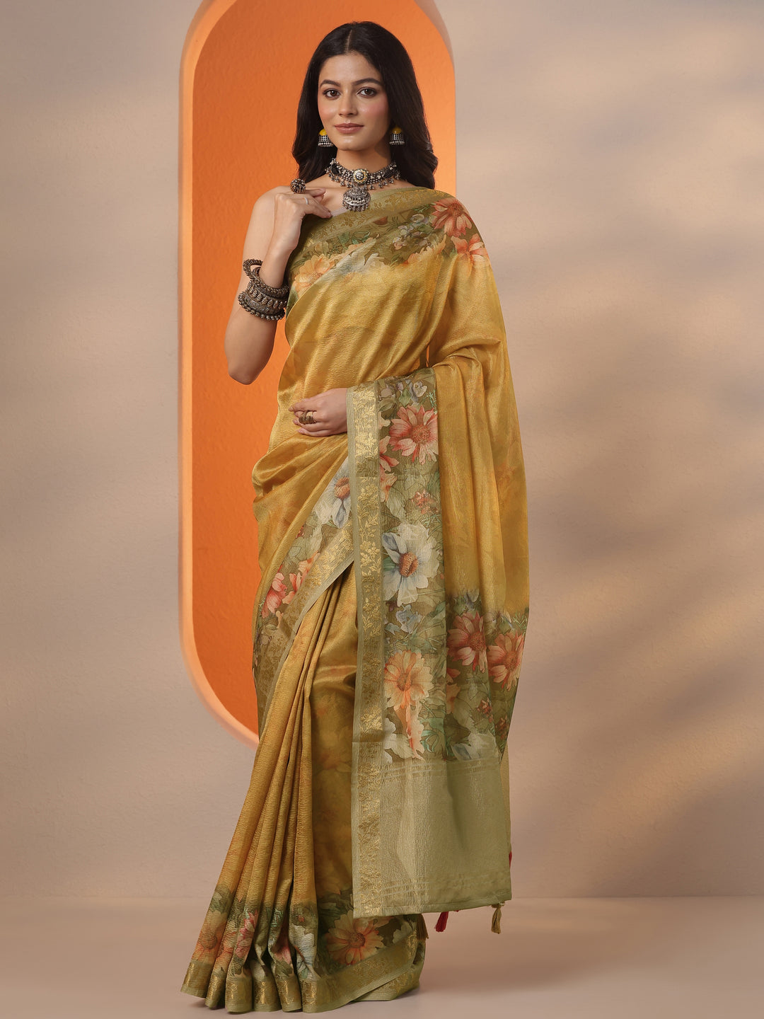 Mustard Printed Chinon Saree With Unstitched Blouse Piece