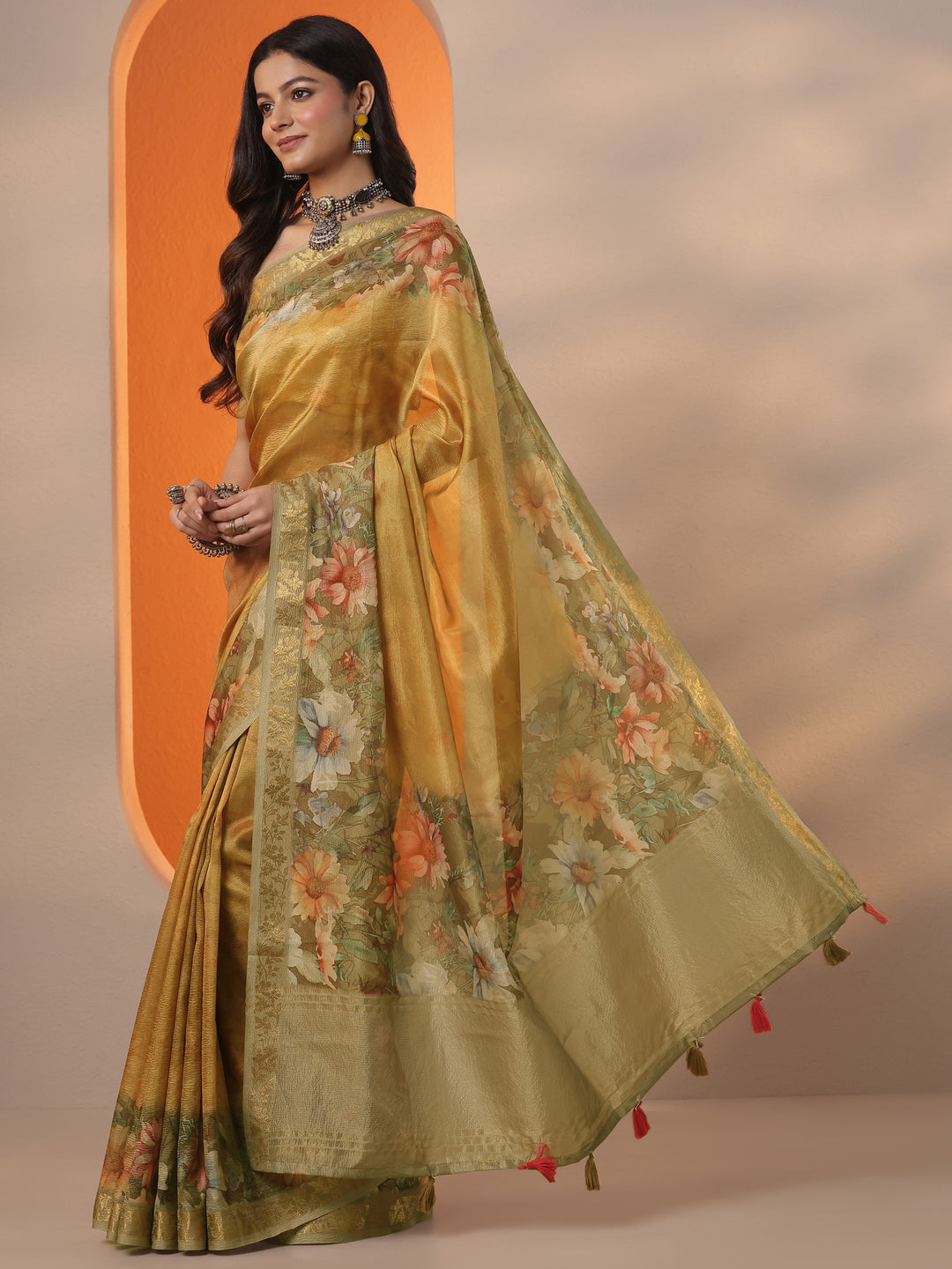 Mustard Printed Chinon Saree With Unstitched Blouse Piece