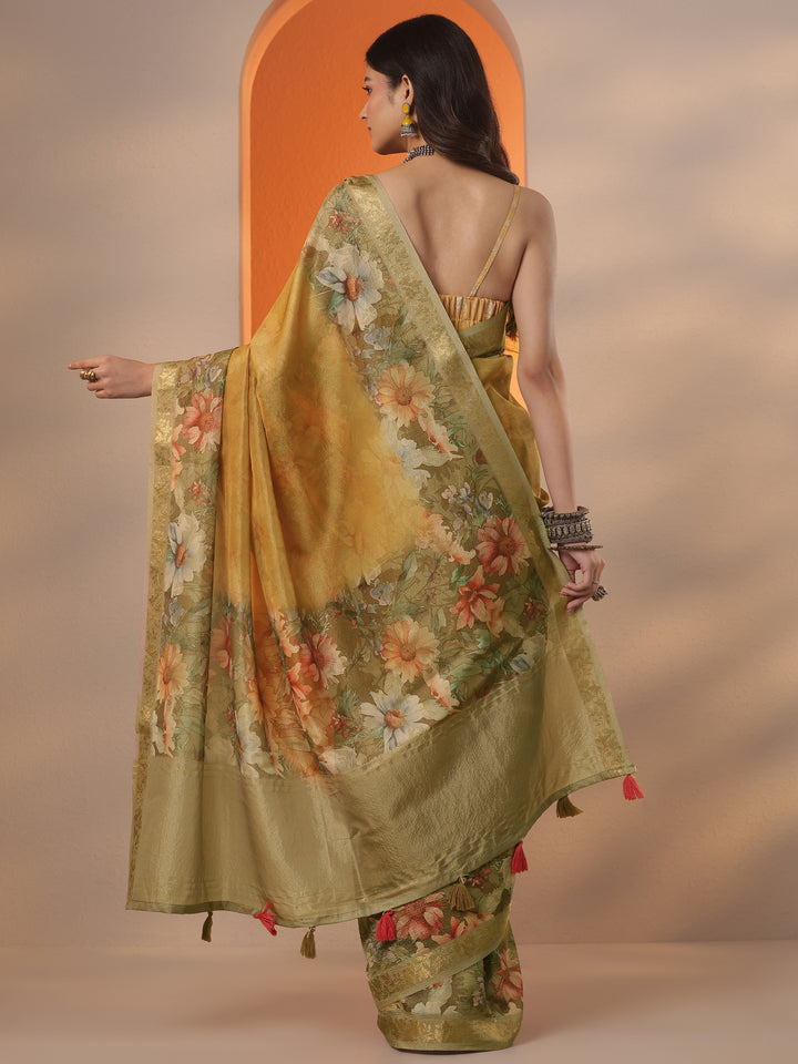 Mustard Printed Chinon Saree With Unstitched Blouse Piece