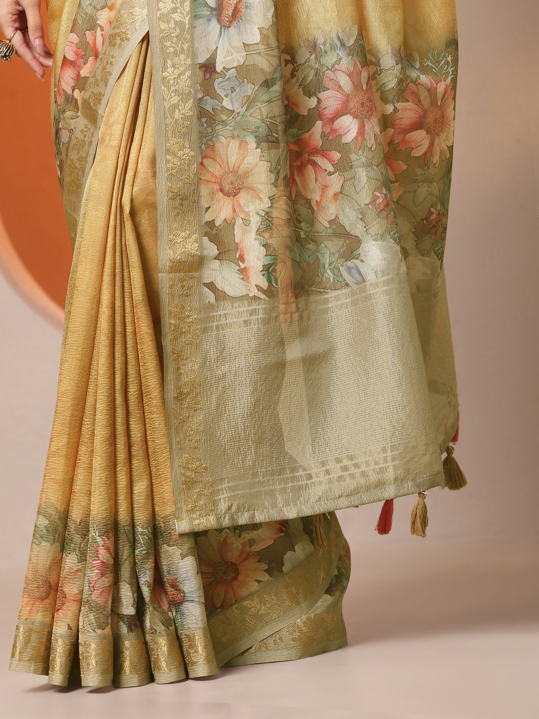 Mustard Printed Chinon Saree With Unstitched Blouse Piece