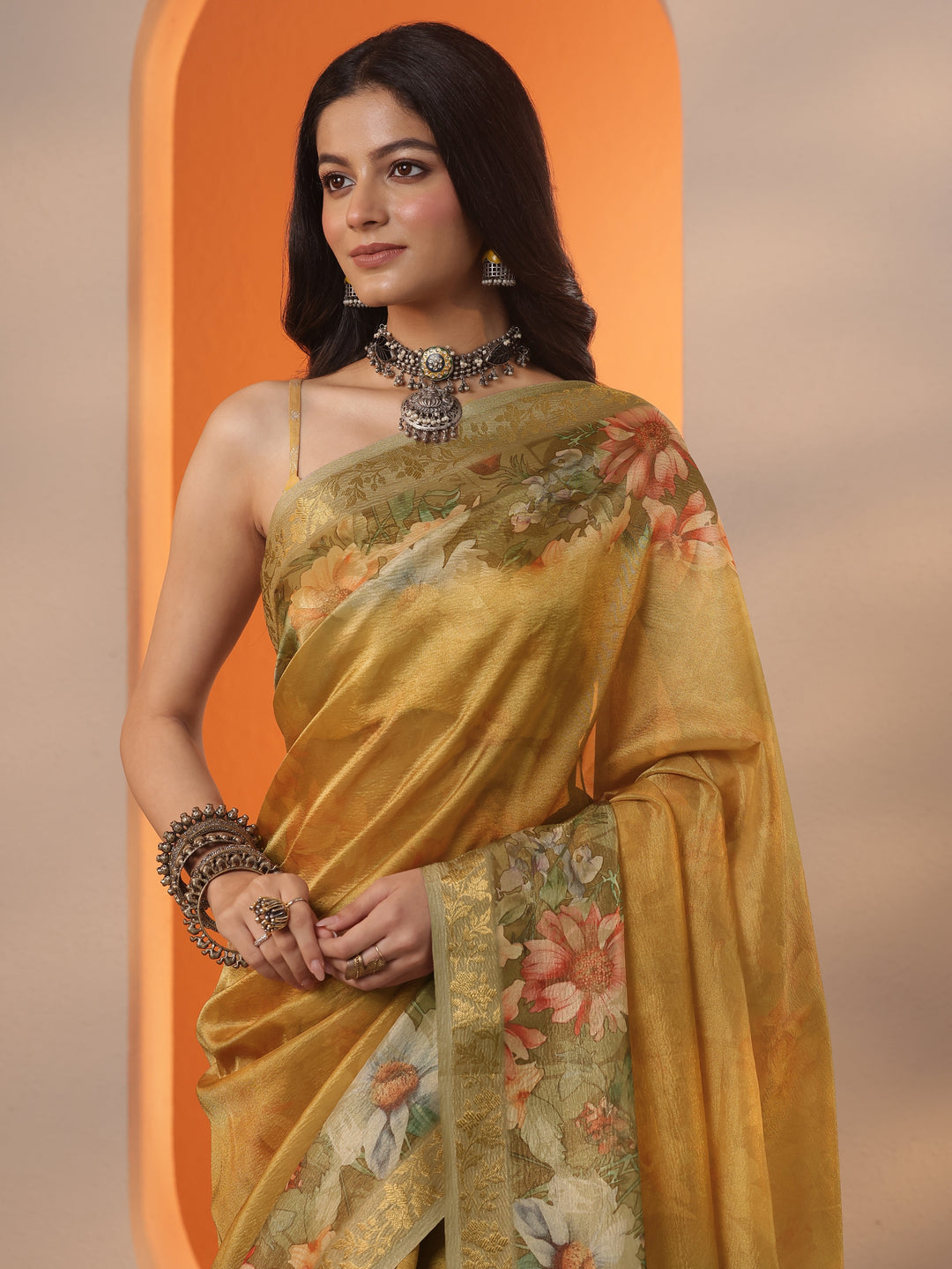 Mustard Printed Chinon Saree With Unstitched Blouse Piece