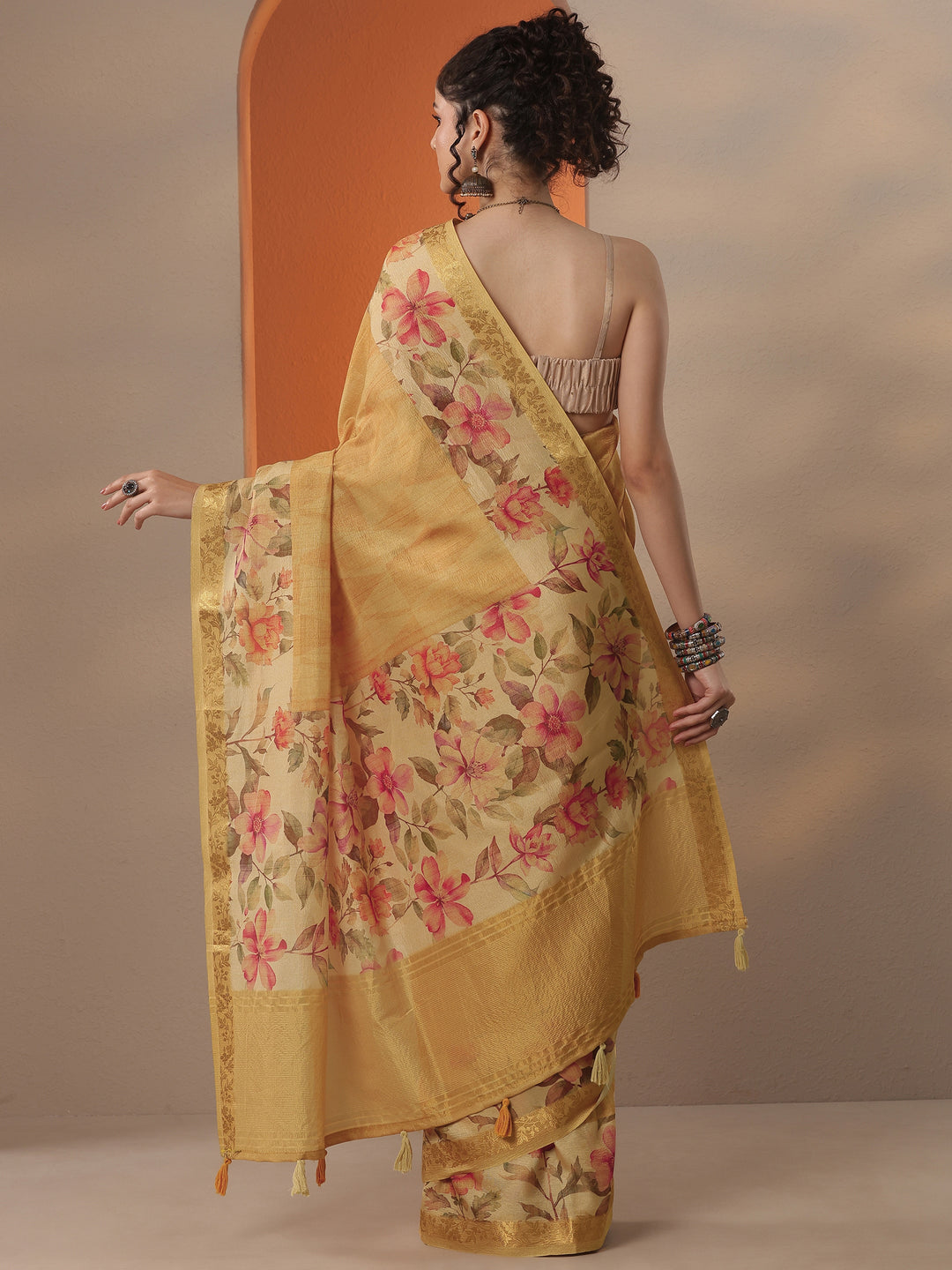 Mustard Printed Chinon Saree With Unstitched Blouse Piece