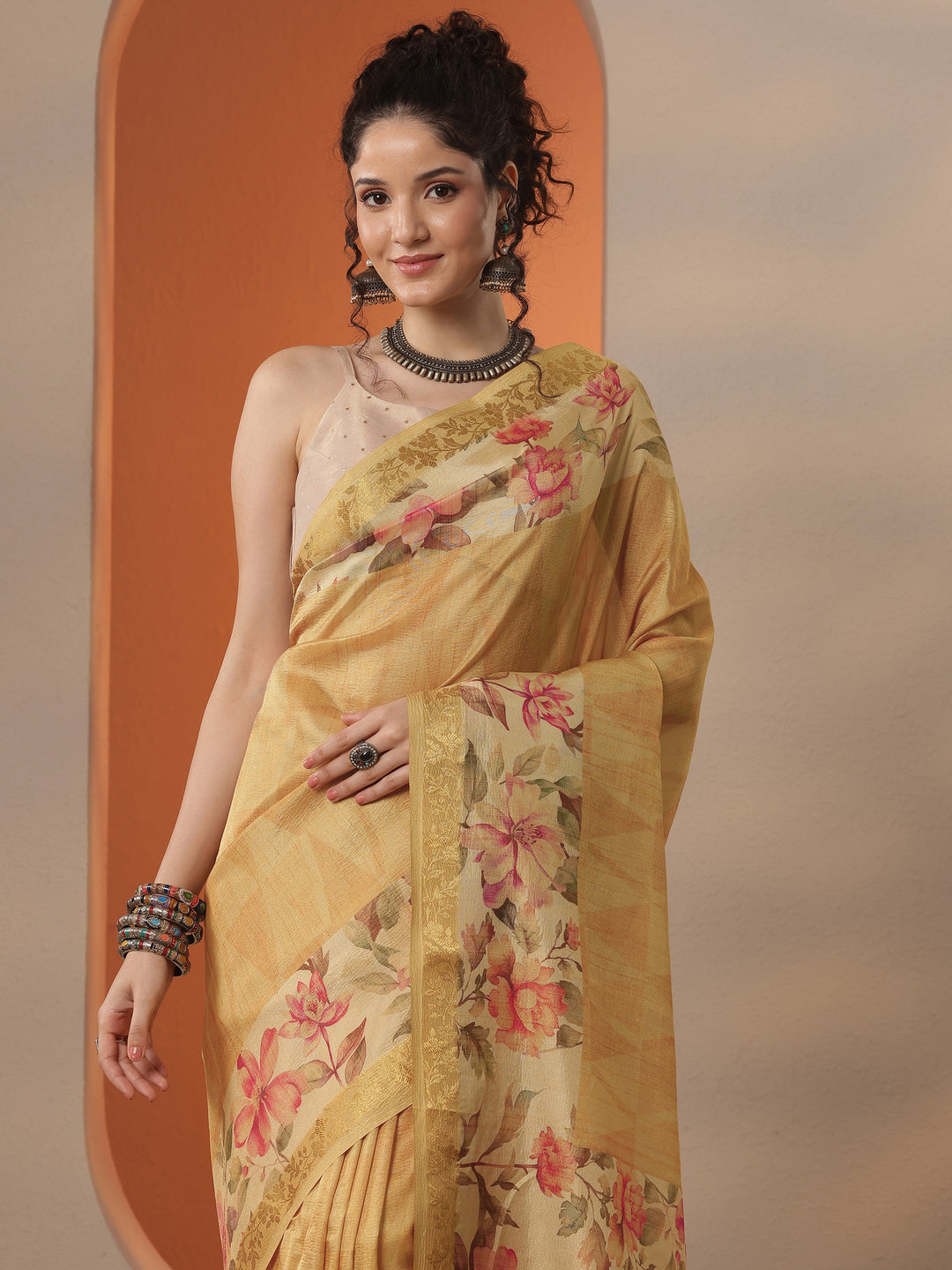 Mustard Printed Chinon Saree With Unstitched Blouse Piece