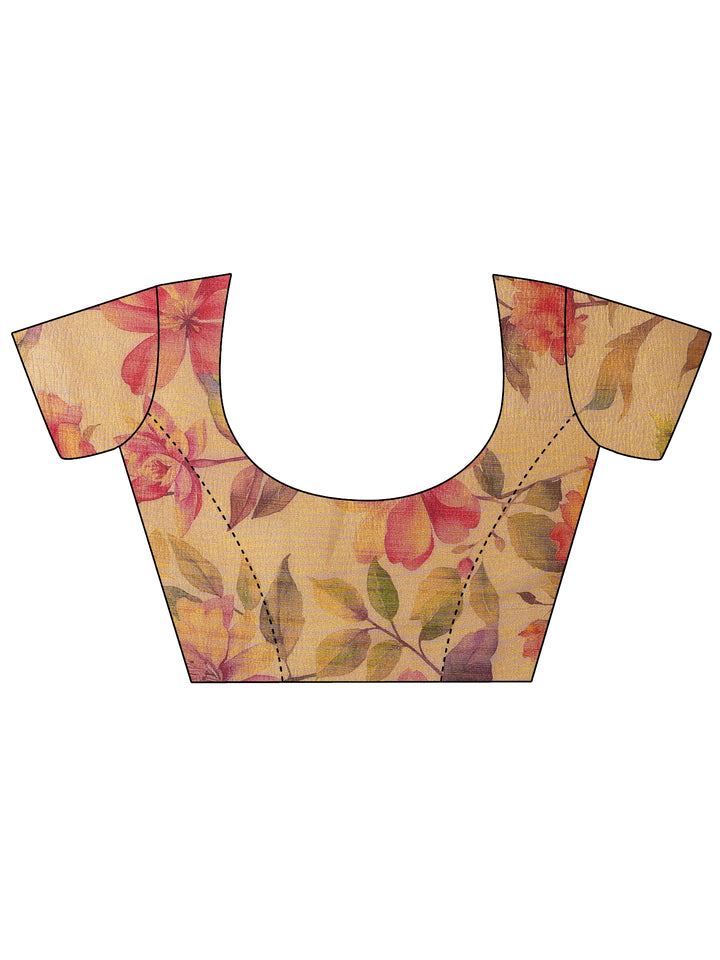 Mustard Printed Chinon Saree With Unstitched Blouse Piece