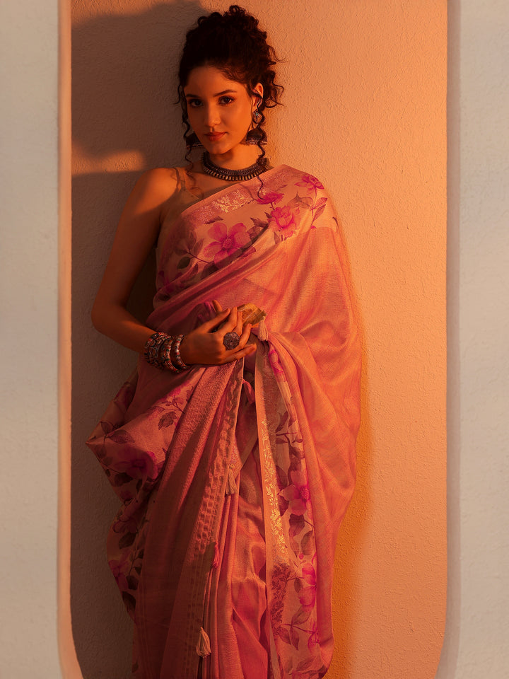 Mustard Printed Chinon Saree With Unstitched Blouse Piece
