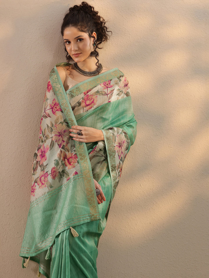 Green Solid Chinon Saree With Unstitched Blouse Piece
