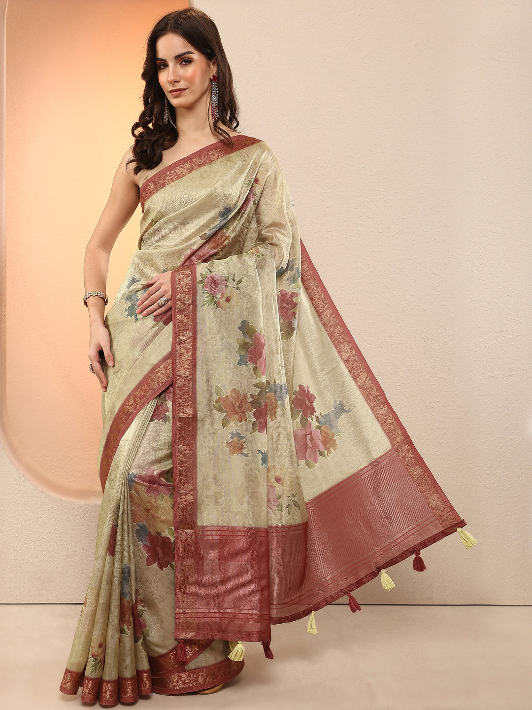 Gold Printed Chinon Saree With Unstitched Blouse Piece