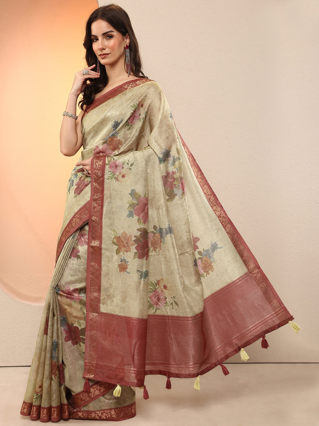 Gold Printed Chinon Saree With Unstitched Blouse Piece